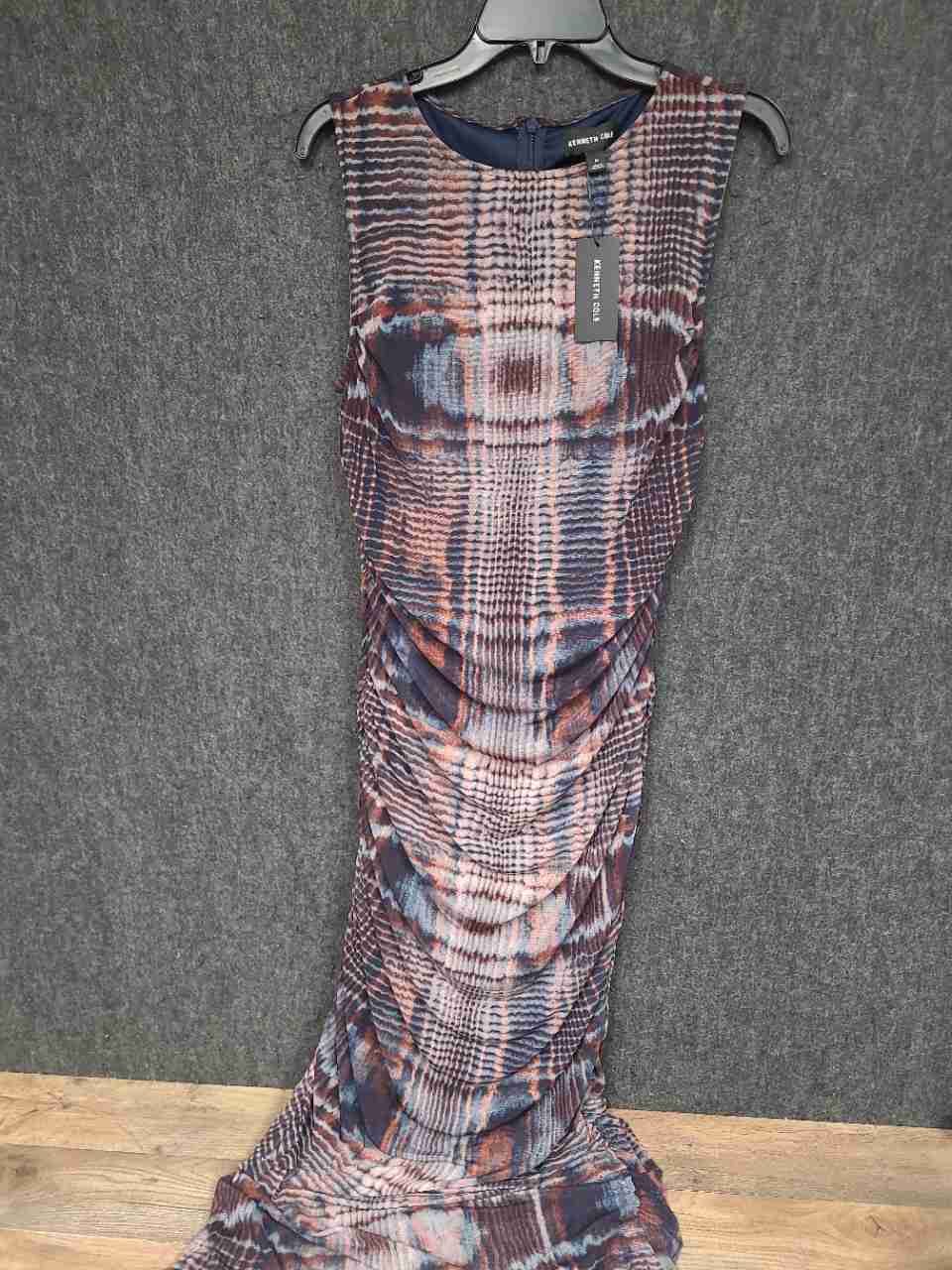 Kenneth Cole Women's Dark Navy Multi Ruched Mesh Sleeveless Maxi Dress Sz 14 NWT