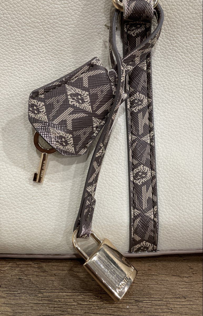 Anne Klein White Pebbled Leather Monogram Strap Shoulder Bag Gold Hardware