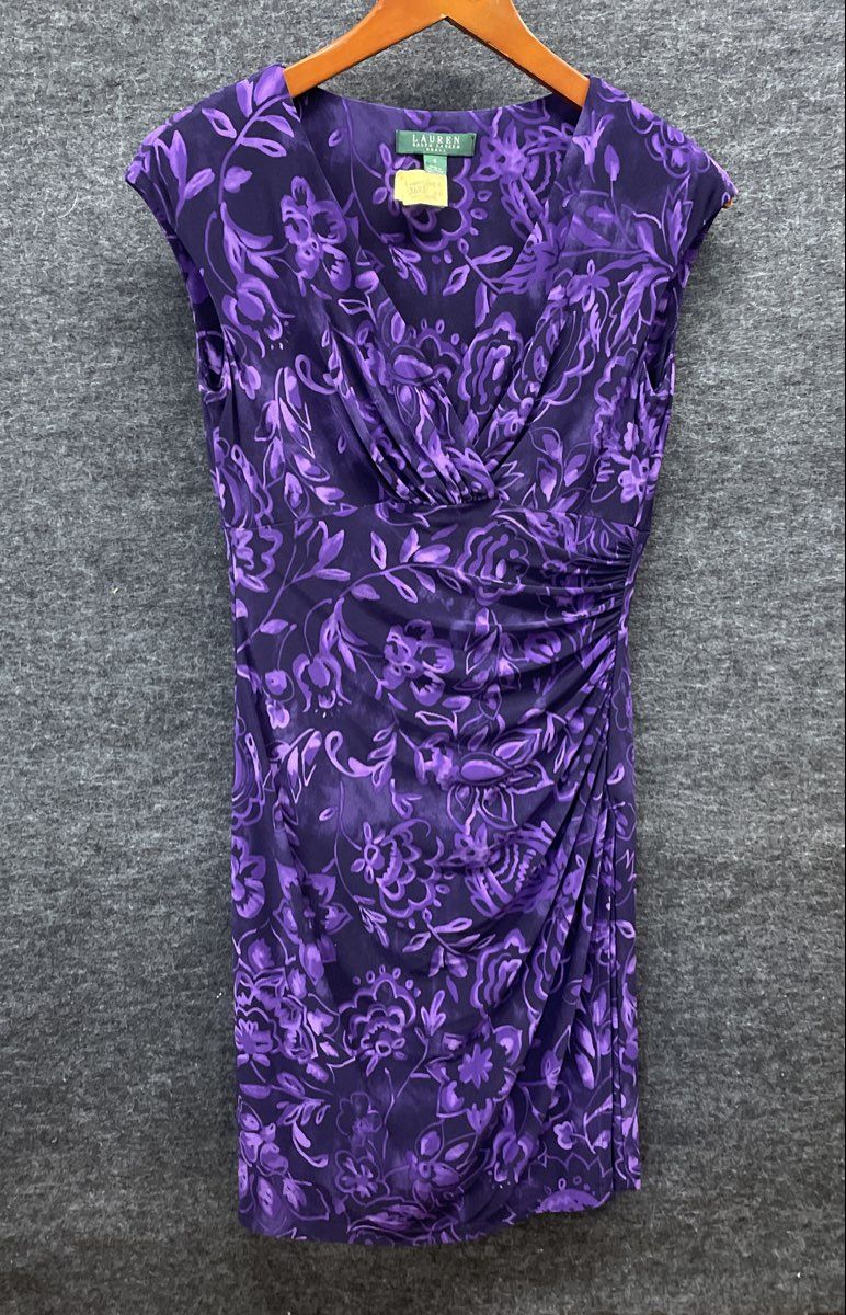 Lauren Ralph Lauren Women's Purple Floral Surplice Ruched Sheath Dress Sz 4