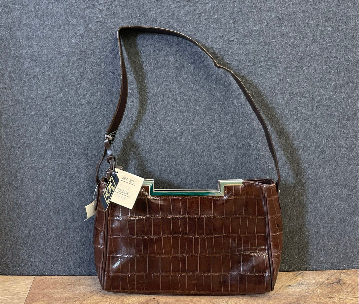 M.C. Brown Croc Embossed Genuine Leather Frame Shoulder Bag NWT 9033