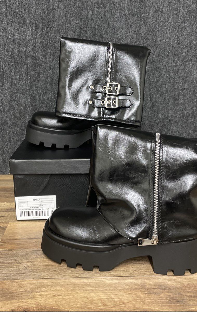 TEAIEUI Black Platform Moto Fold Over Knee High Boots Women's Size 6