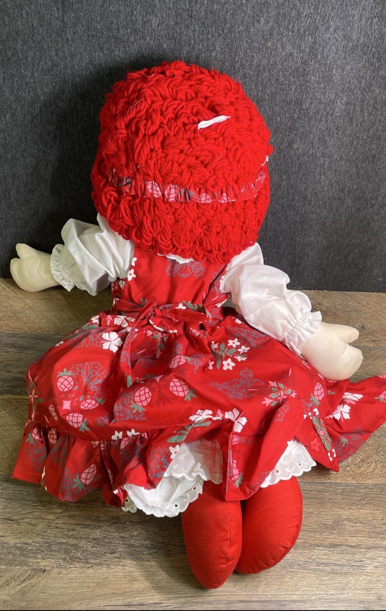 Vintage Handmade Rag Doll Red Yarn Hair Hawaiian Print Dress w/ Bag 1980s