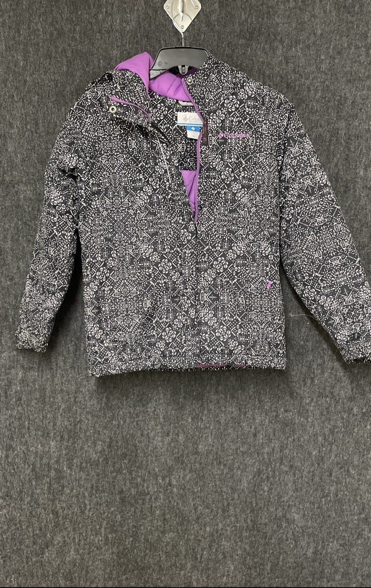 Columbia Girls Black White Geometric Hooded Puffer Jacket Sz M
