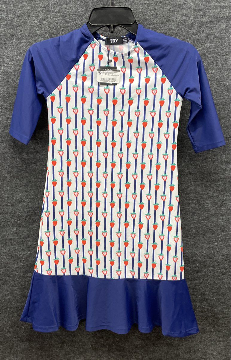 TRY Girls Strawberry Print Swim Cover Up Ruffled Tier Navy Blue Red NWT Sz 8