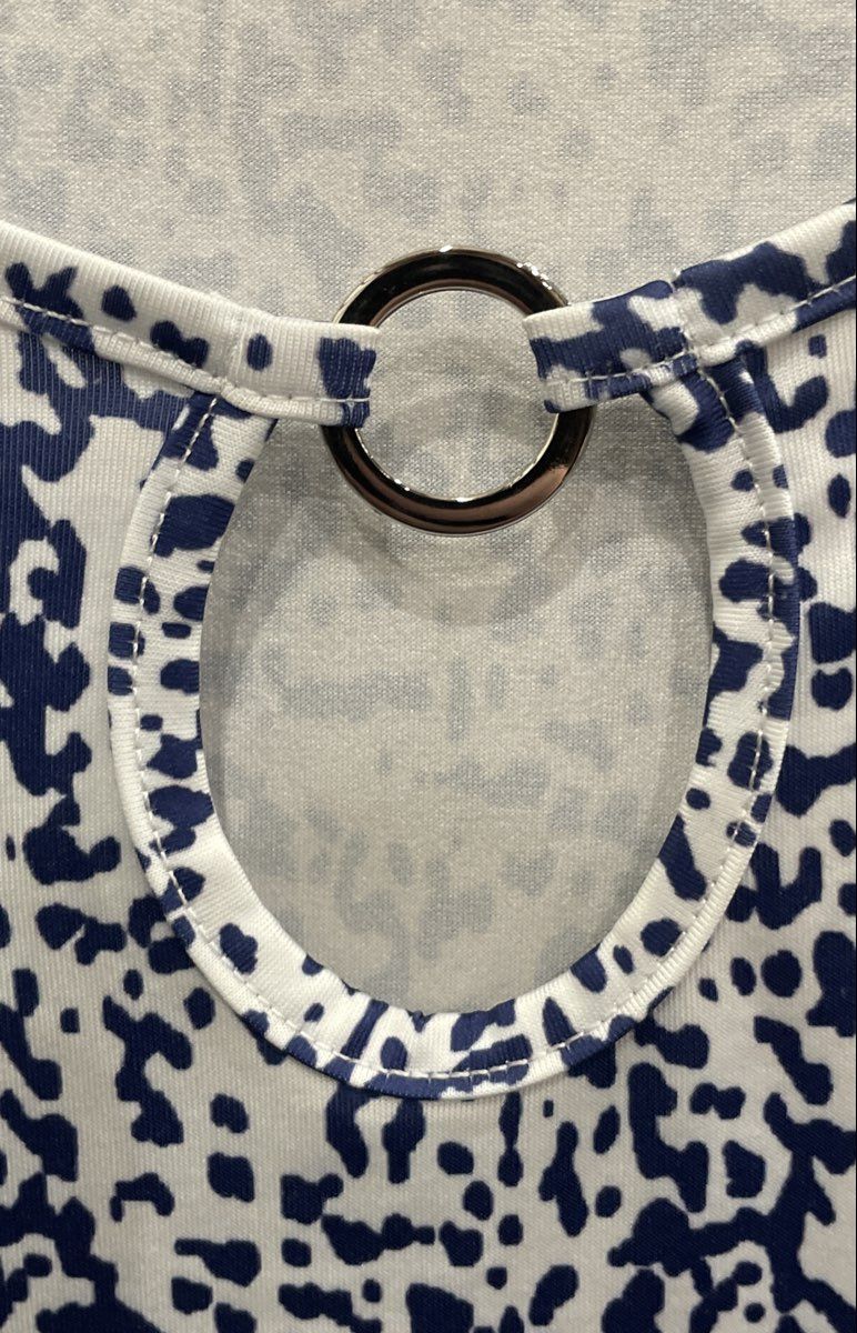 Noracora Women's Blue White Damask Print Cold Shoulder Keyhole Dress Sz L