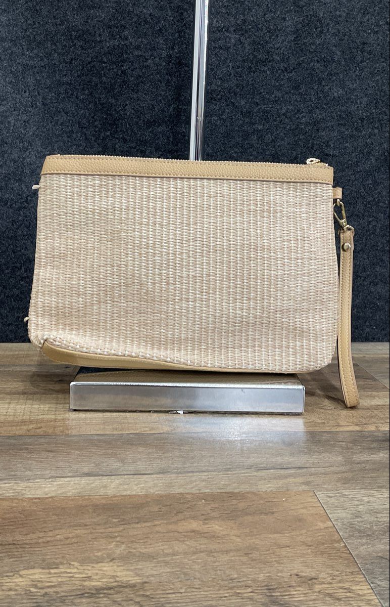 Nanette Lepore Tan Woven Leather Wristlet Clutch Bag Gold Tone Hardware