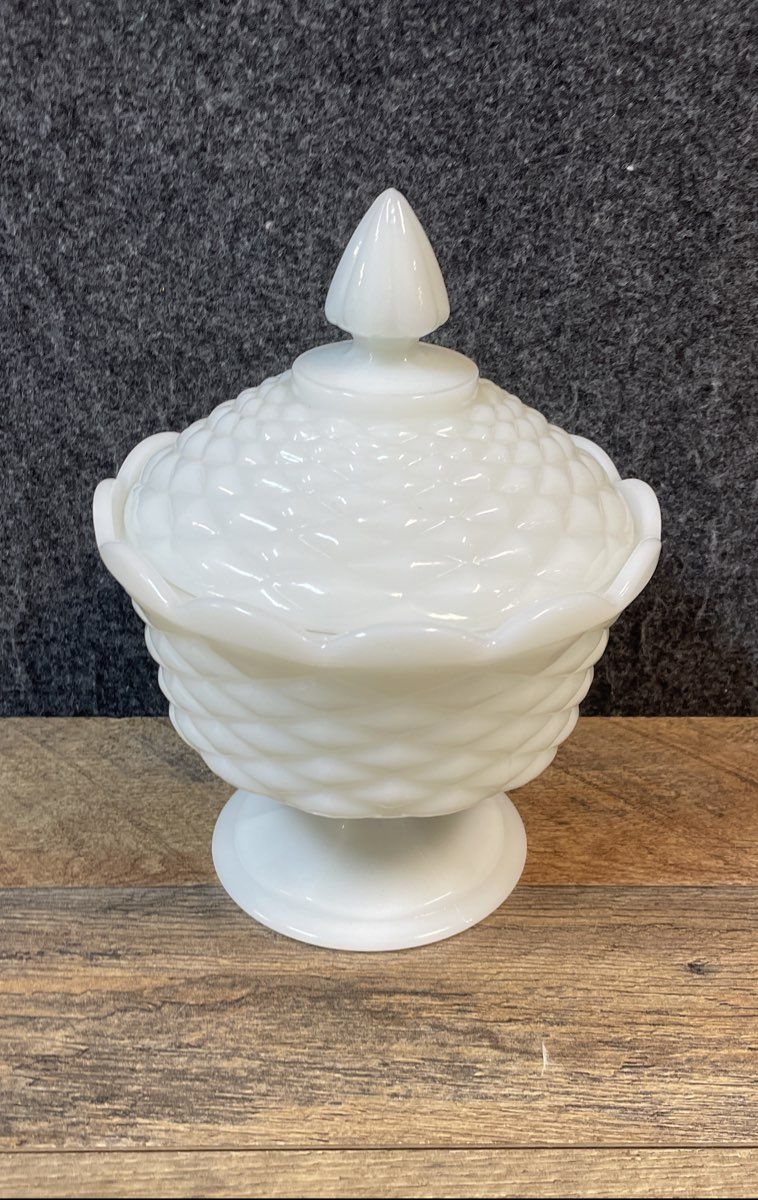 Pressed Milk Glass White Lot 2 Lidded Candy Dish & Small Ruffled Bowl Vintage