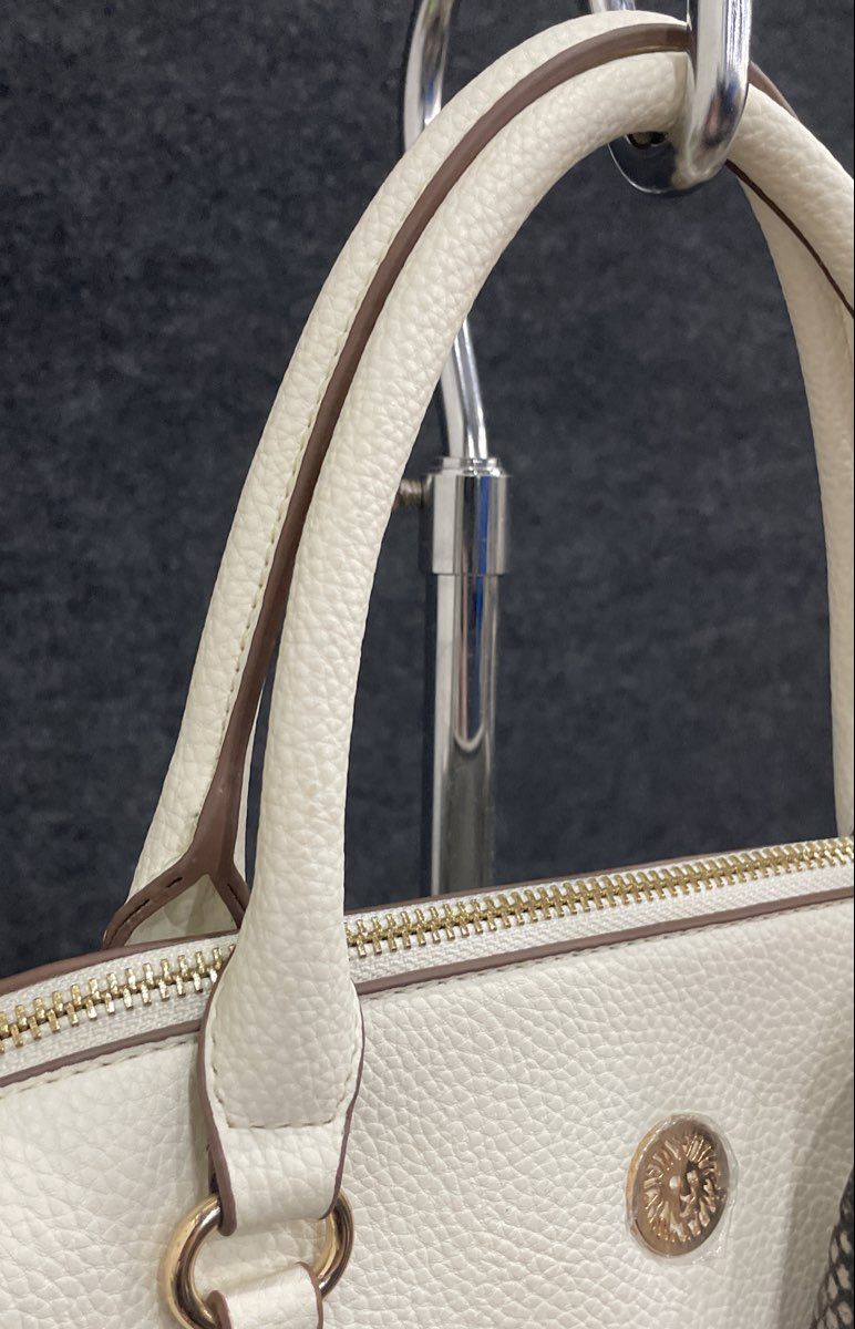 Anne Klein White Pebbled Satchel Handbag Snake Print Scarf Gold Hardware