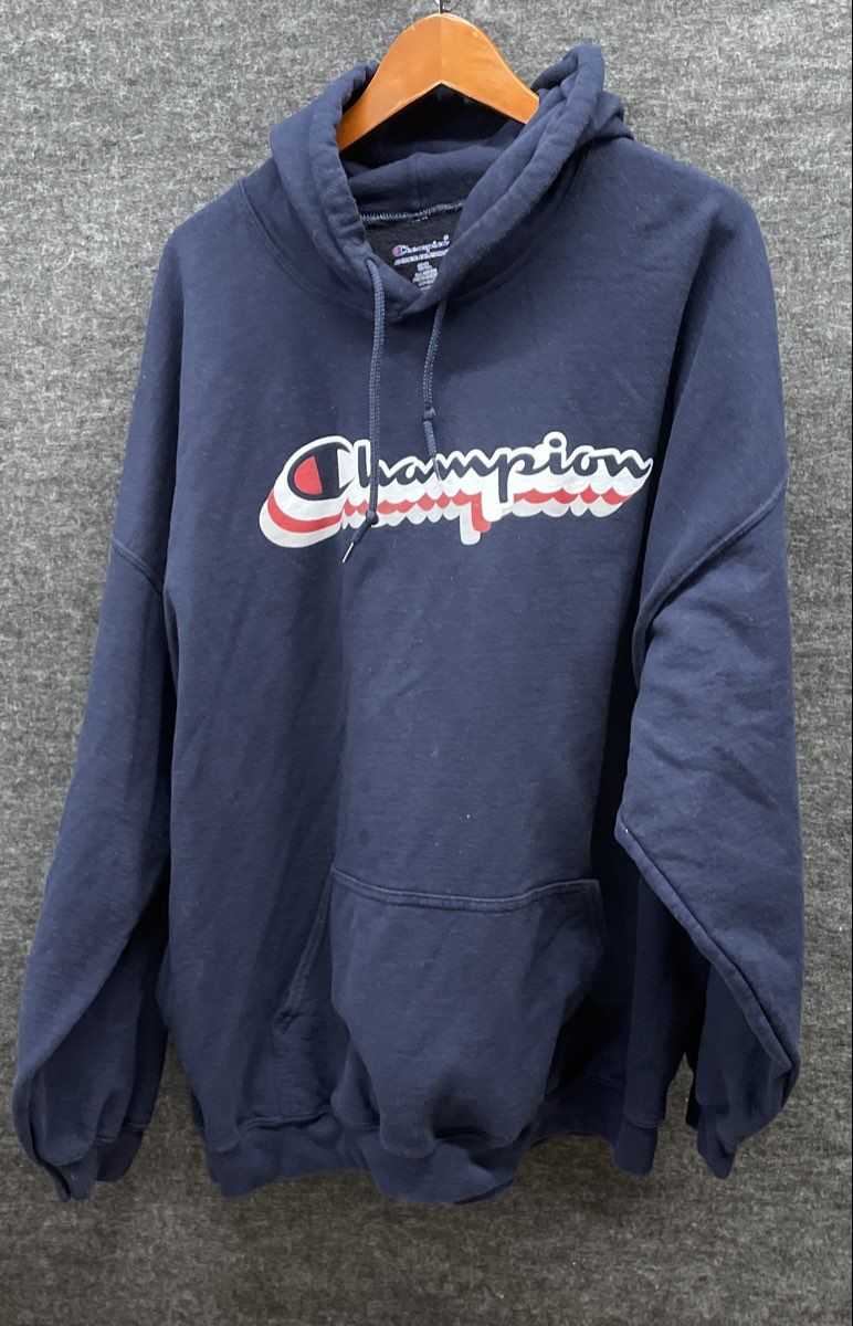 Champion Men's Pullover Hoodie Navy Blue Graphic Script Logo Fleece Sz 3XL