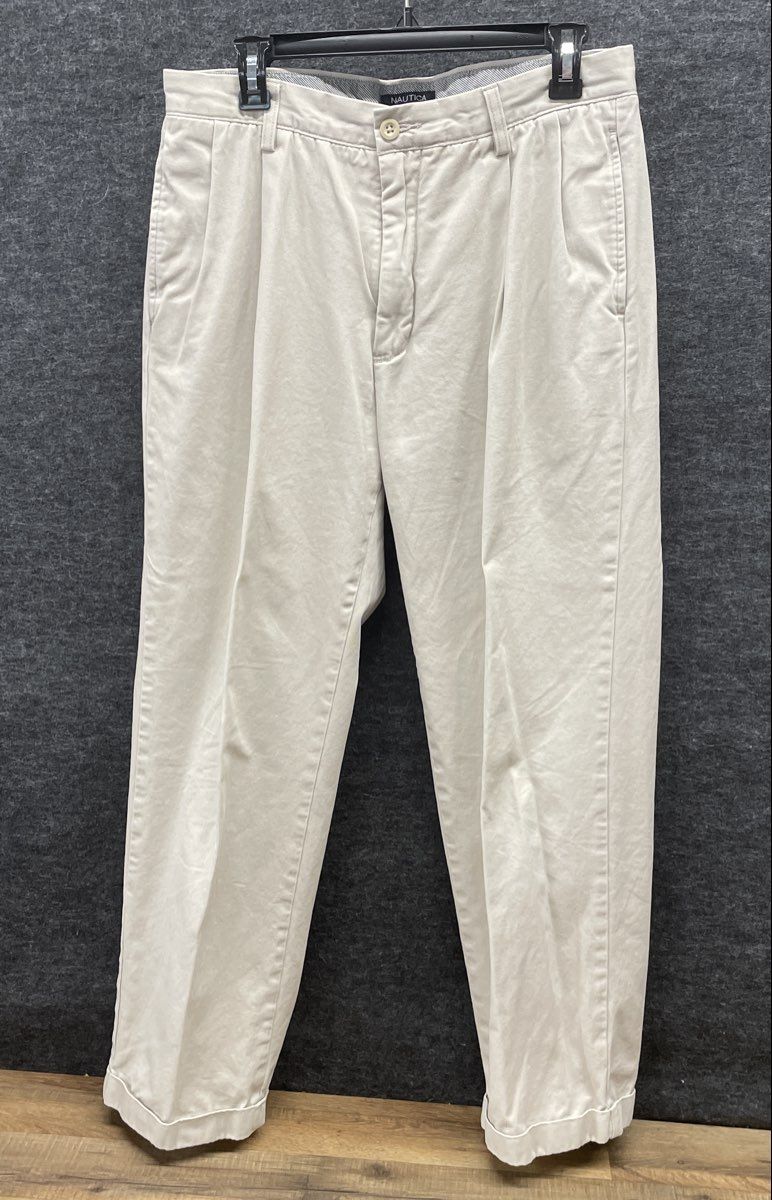 Nautica Men's Rigger Pleated Chino Pants Beige 100% Cotton Cuffed Sz 33x30