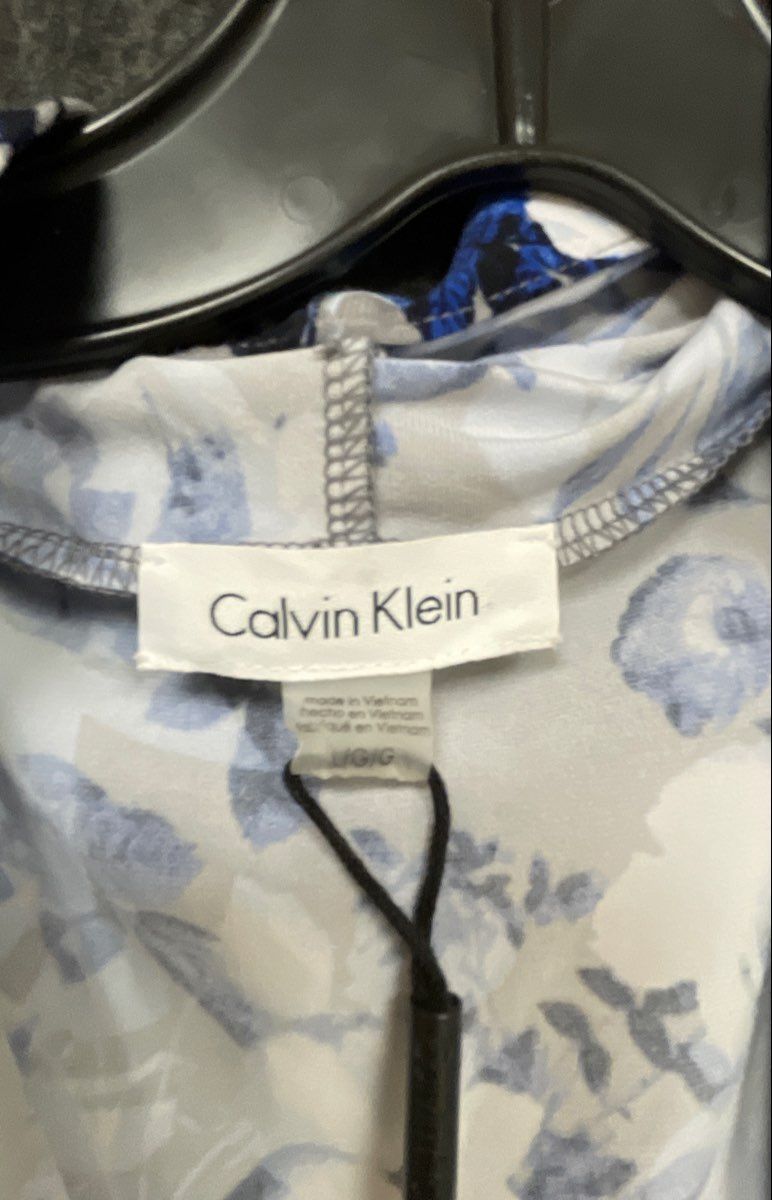 Calvin Klein Women's Blue White Gray Floral Drape Neck Sleeveless Blouse Sz L