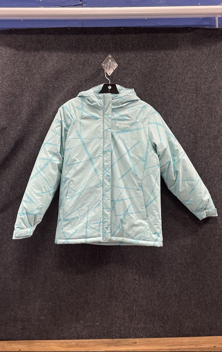 Columbia Women's Light Blue Abstract Pattern Hooded Puffer Ski Jacket Sz XL