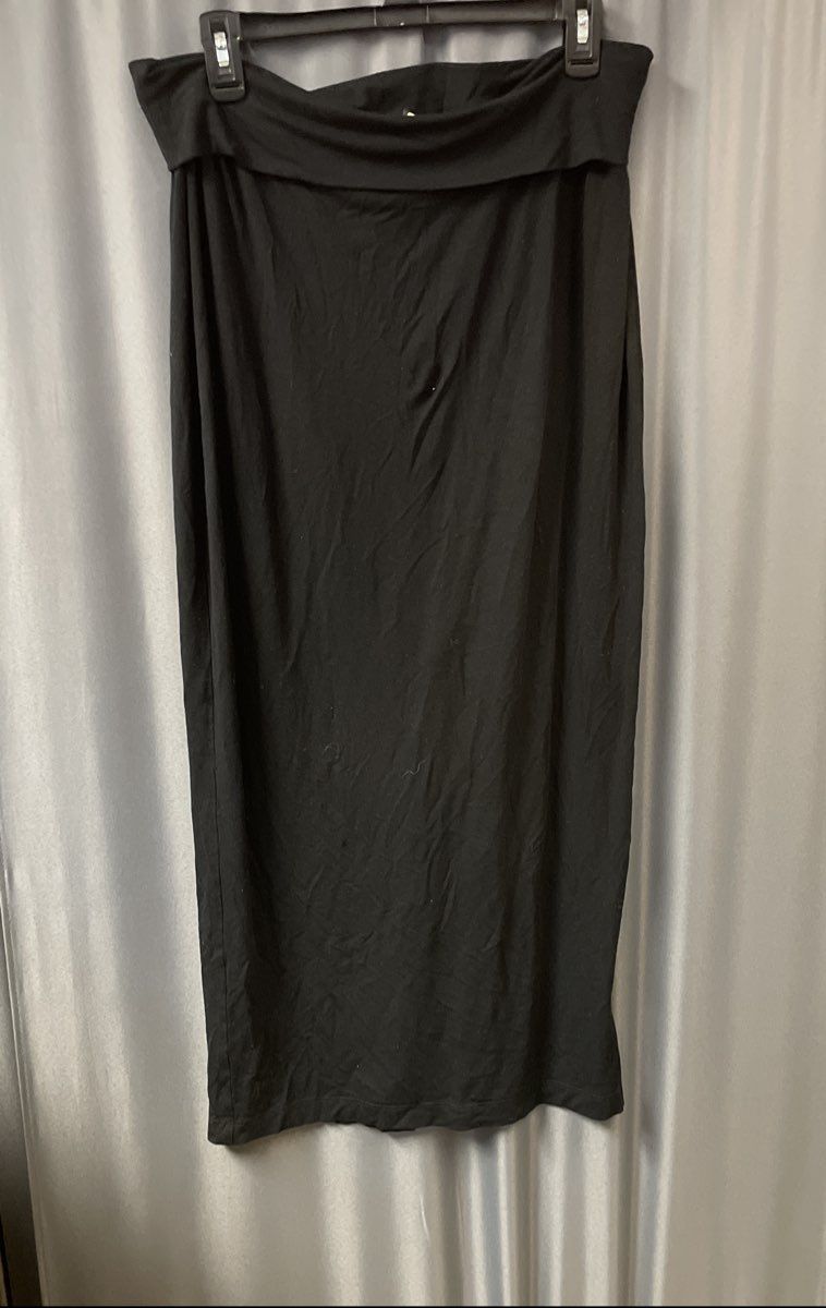 Eileen Fisher Women's Black Rayon Jersey Fold-Over Maxi Skirt Rear Slit Size M