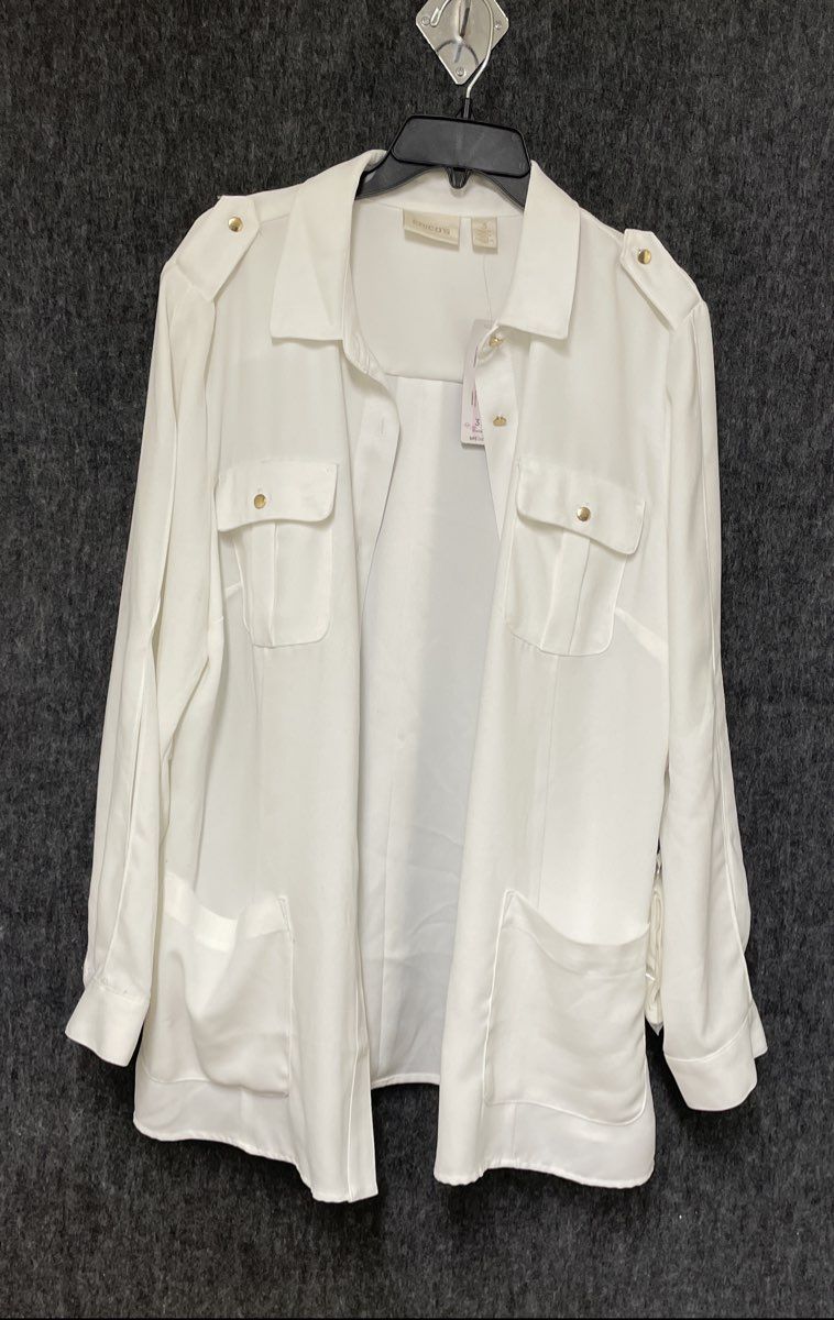 Chico's Women's White Button Down Utility Blouse Gold Button Epaulette Sz 3