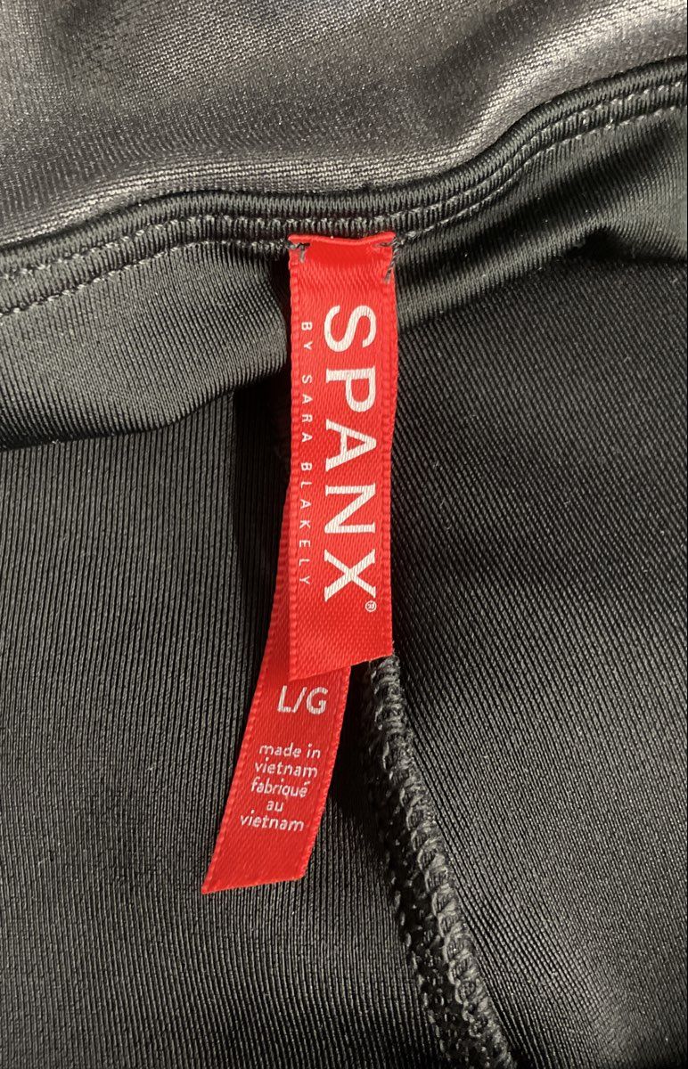Spanx Women's Faux Leather Leggings Black White Side Stripe Racing Sz L