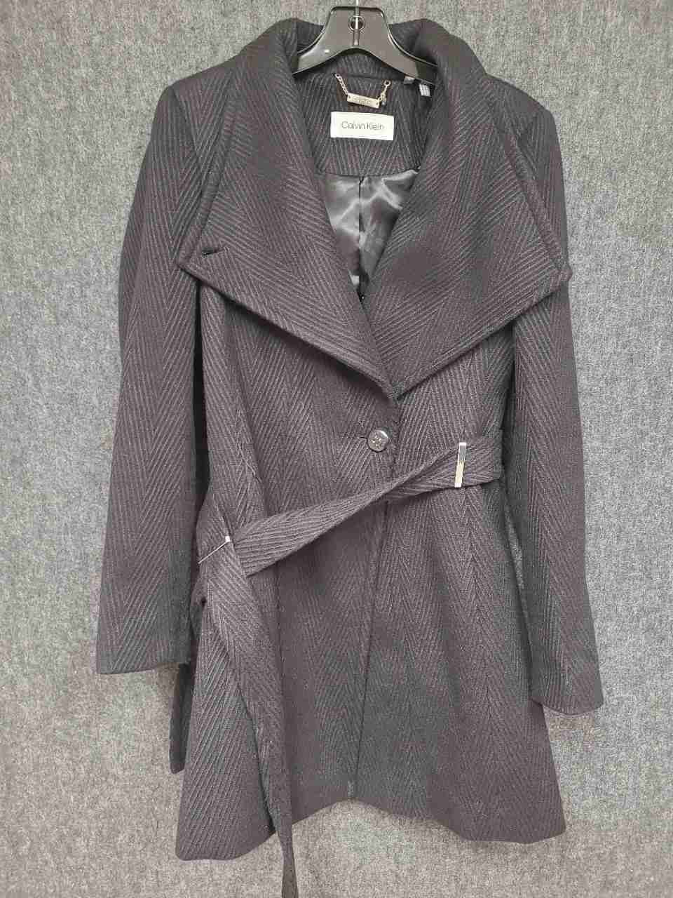 Calvin Klein Women's Herringbone Belted Wrap Coat Dark Gray Charcoal Size S