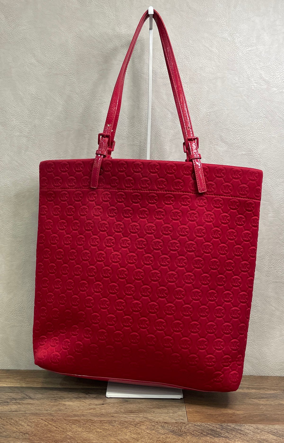 Michael Kors Red Embossed Neoprene MK Logo Tote Bag Patent Trim
