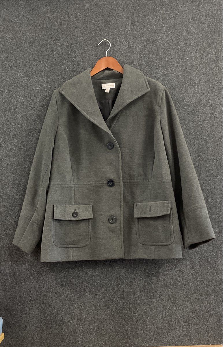 JM Collection Women's Gray Wide Collar Button Front Pea Coat Jacket Sz 3X