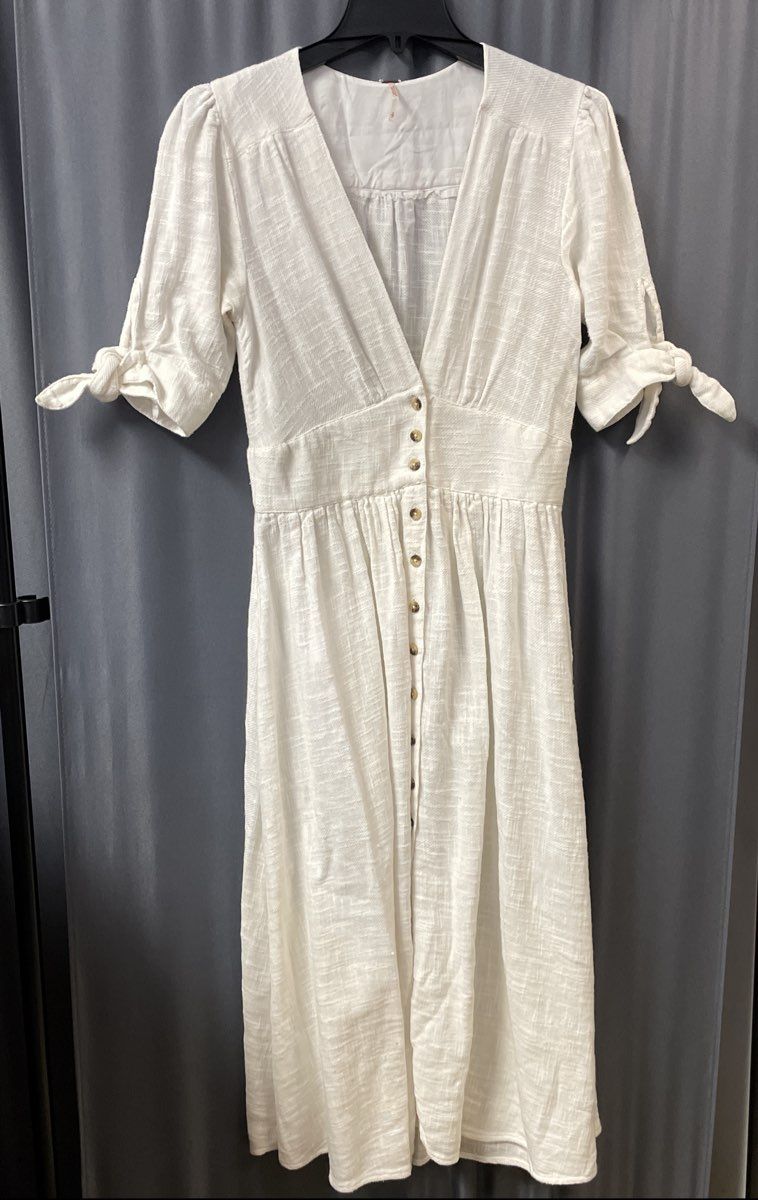 Free People Women's White Love of My Life Midi Dress Button Front Tie Sleeve S