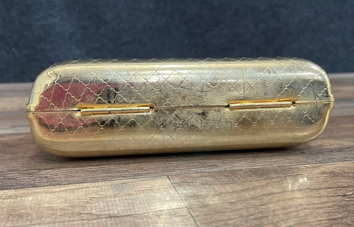 Sasha Vintage Gold Quilted Metal Minaudiere Evening Bag Clutch Rhinestone Clasp