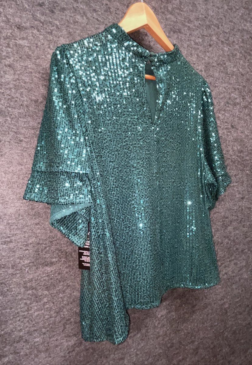 Joe Browns Women's Green Sequin Mock Neck Blouse Tiered Ruffle Sleeve Sz M NWT