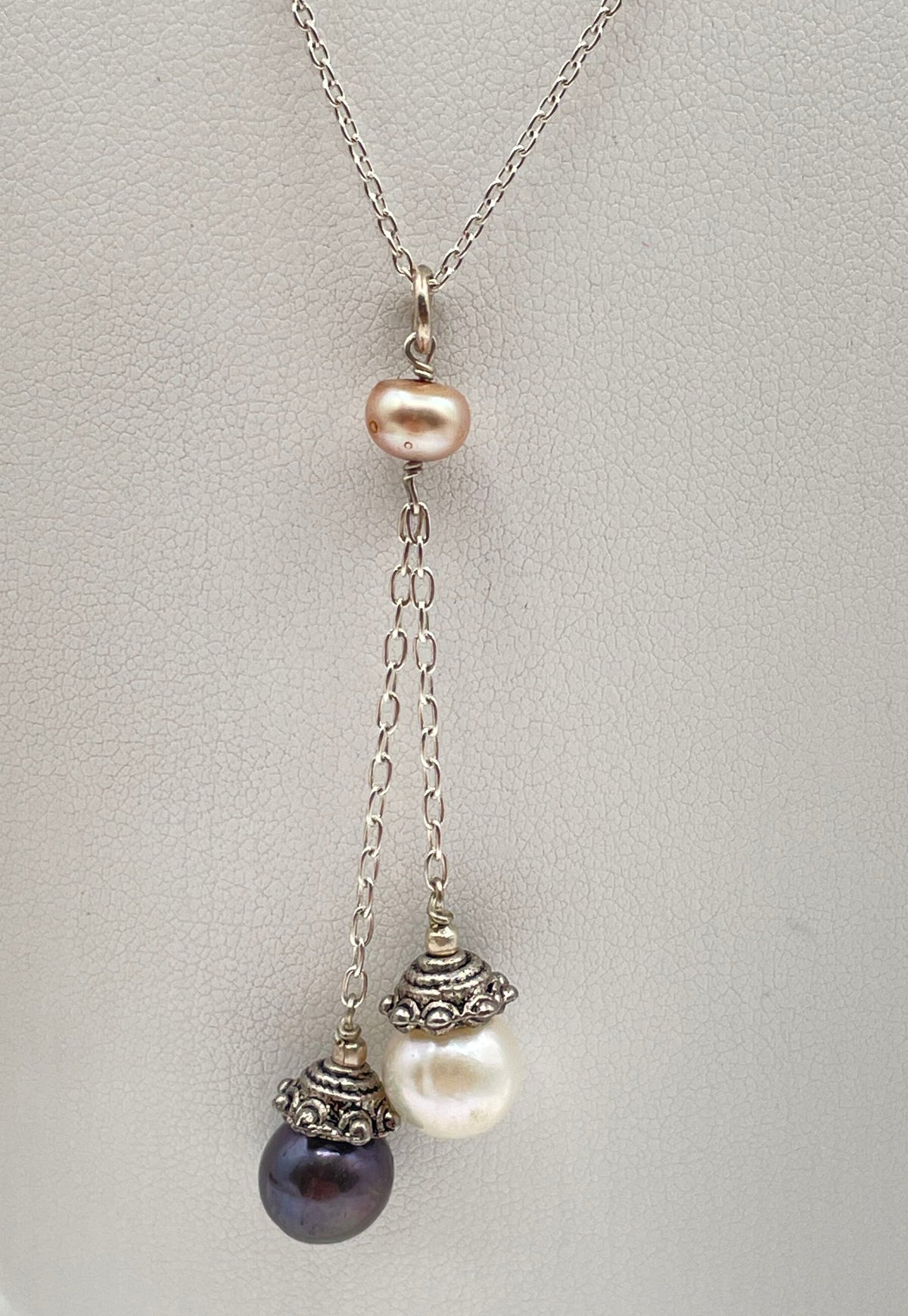 925 Sterling Silver Pink, White & Gray Pearl Lariat Necklace 6g