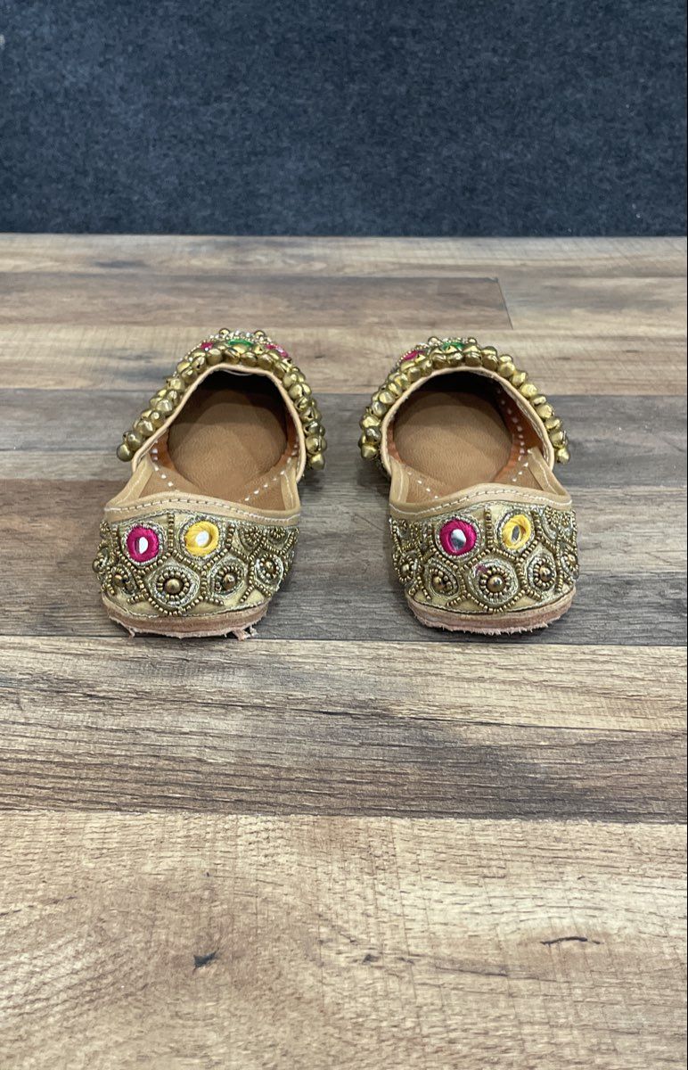 Traditional Indian Juttis Khussa Mojari Beige Gold Mirror Work Ghungroo Size 13