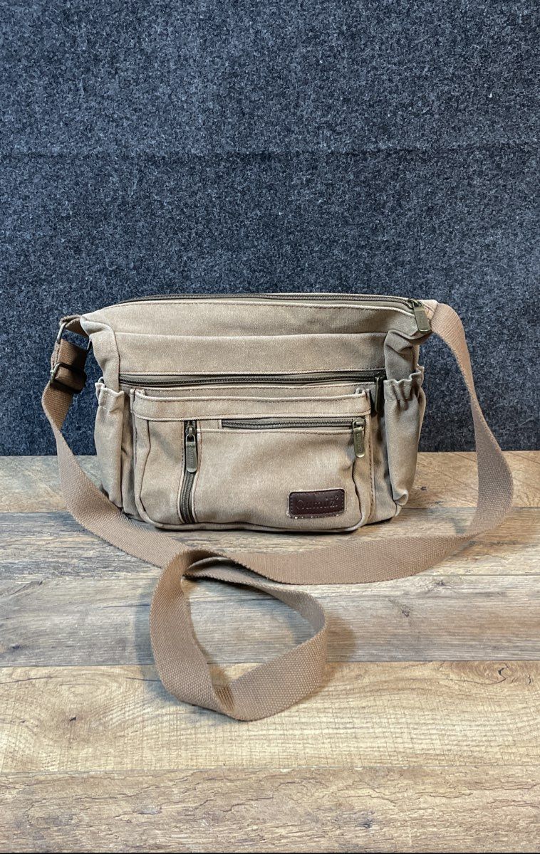 Gumuzi Tan Canvas Multi-Pocket Crossbody Messenger Bag Adjustable Strap