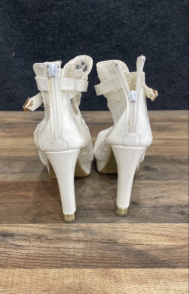 Lafer White Lace Open Toe Platform Ankle Strap High Heels Size 42