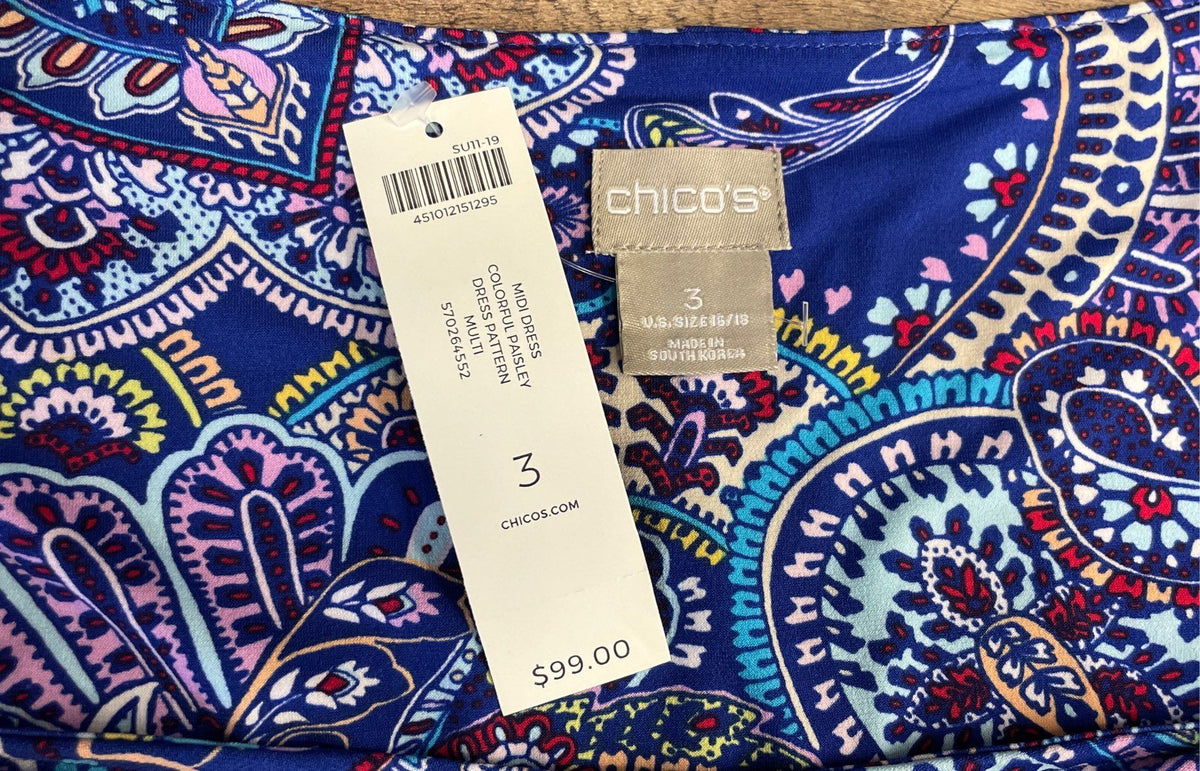 Chico's Women's Blue Colorful Paisley Sleeveless Midi Dress Stretch Sz 3 NWT