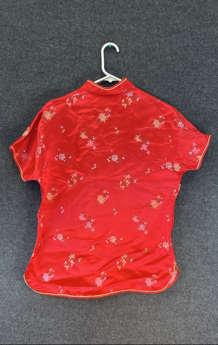 Vintage Double Peach Women's Red Floral Qipao Top Cheongsam Frog Closure Sz 42