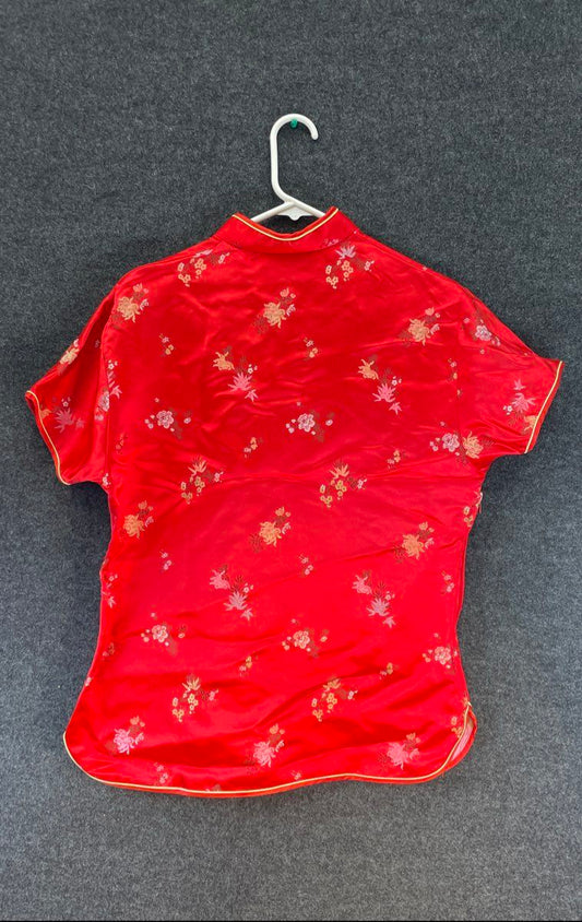 Vintage Double Peach Women's Red Floral Qipao Top Cheongsam Frog Closure Sz 42