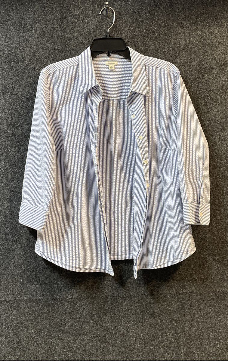 L.L. Bean Women's Blue White Striped Seersucker Button Down Shirt Size L