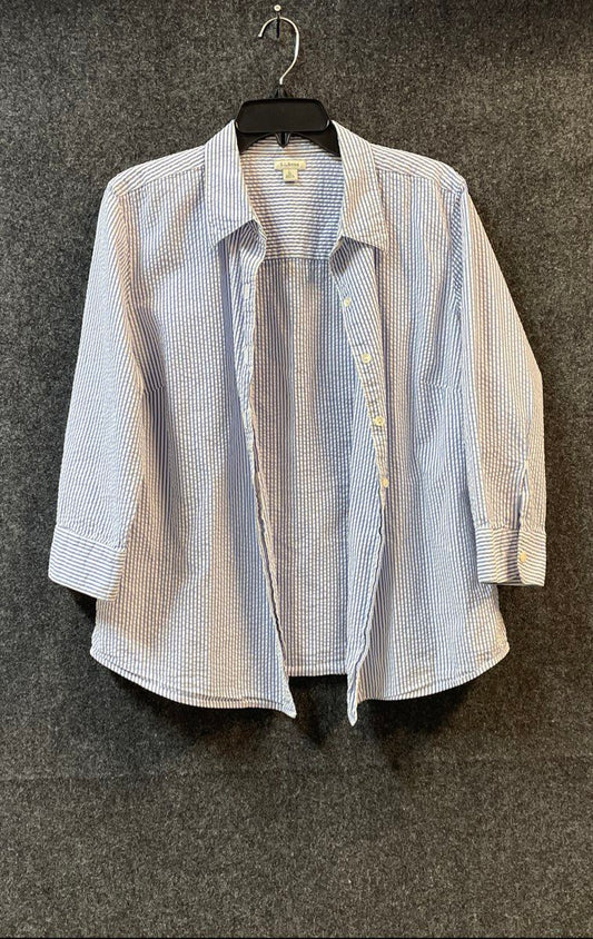 L.L. Bean Women's Blue White Striped Seersucker Button Down Shirt Size L