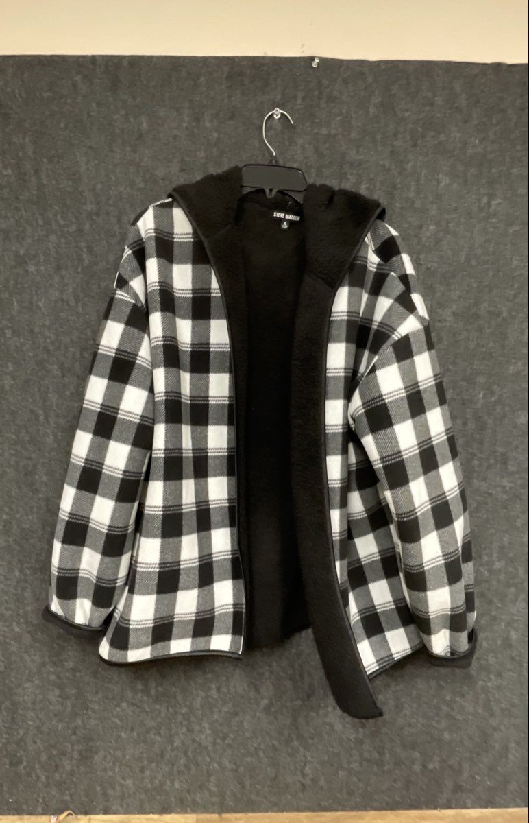 Steve Madden Women's Black White Buffalo Plaid Sherpa Lined Hoodie Jacket Sz XL
