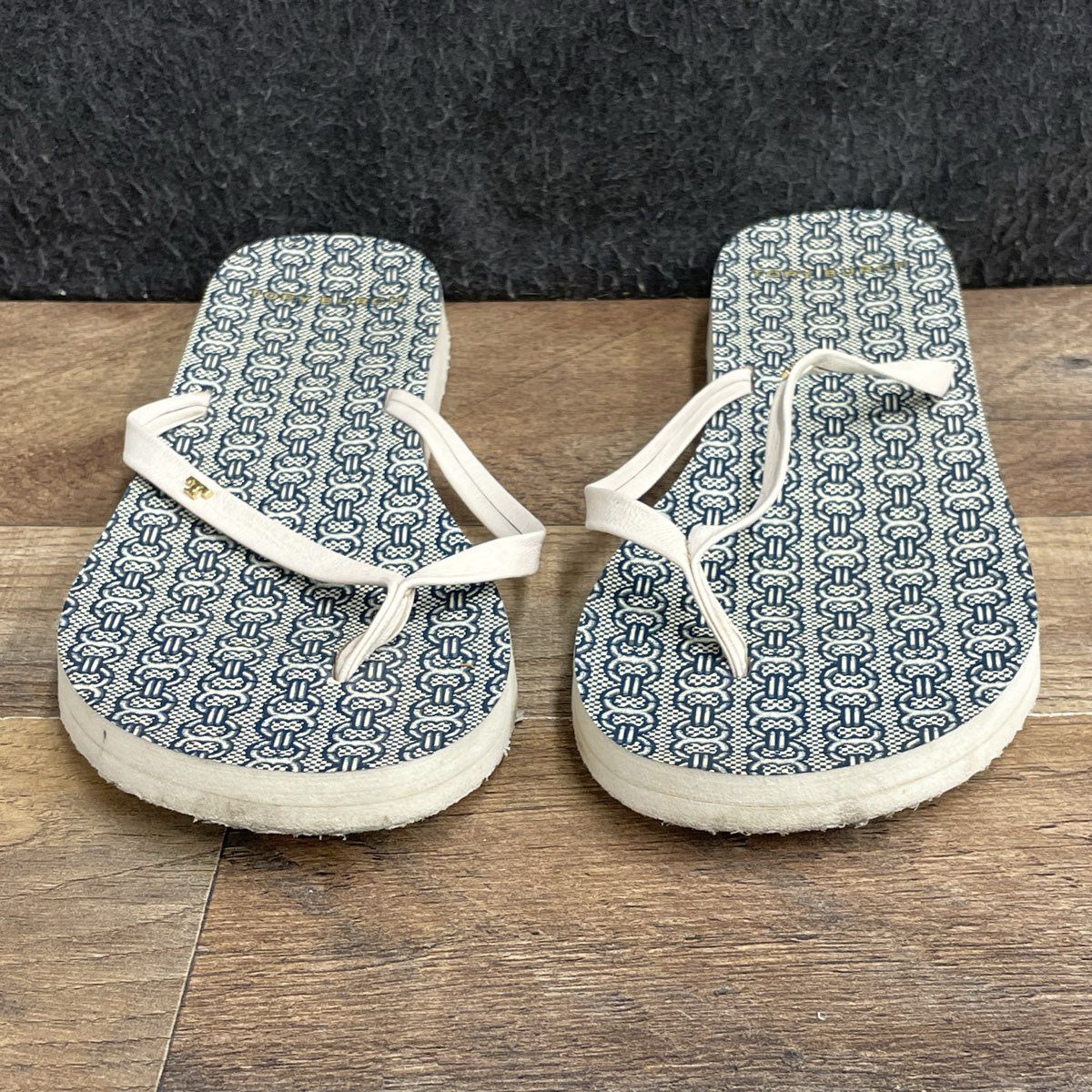 Tory Burch Gemini Link Thin Flip Flops Blue White Sandals Women's Size 8