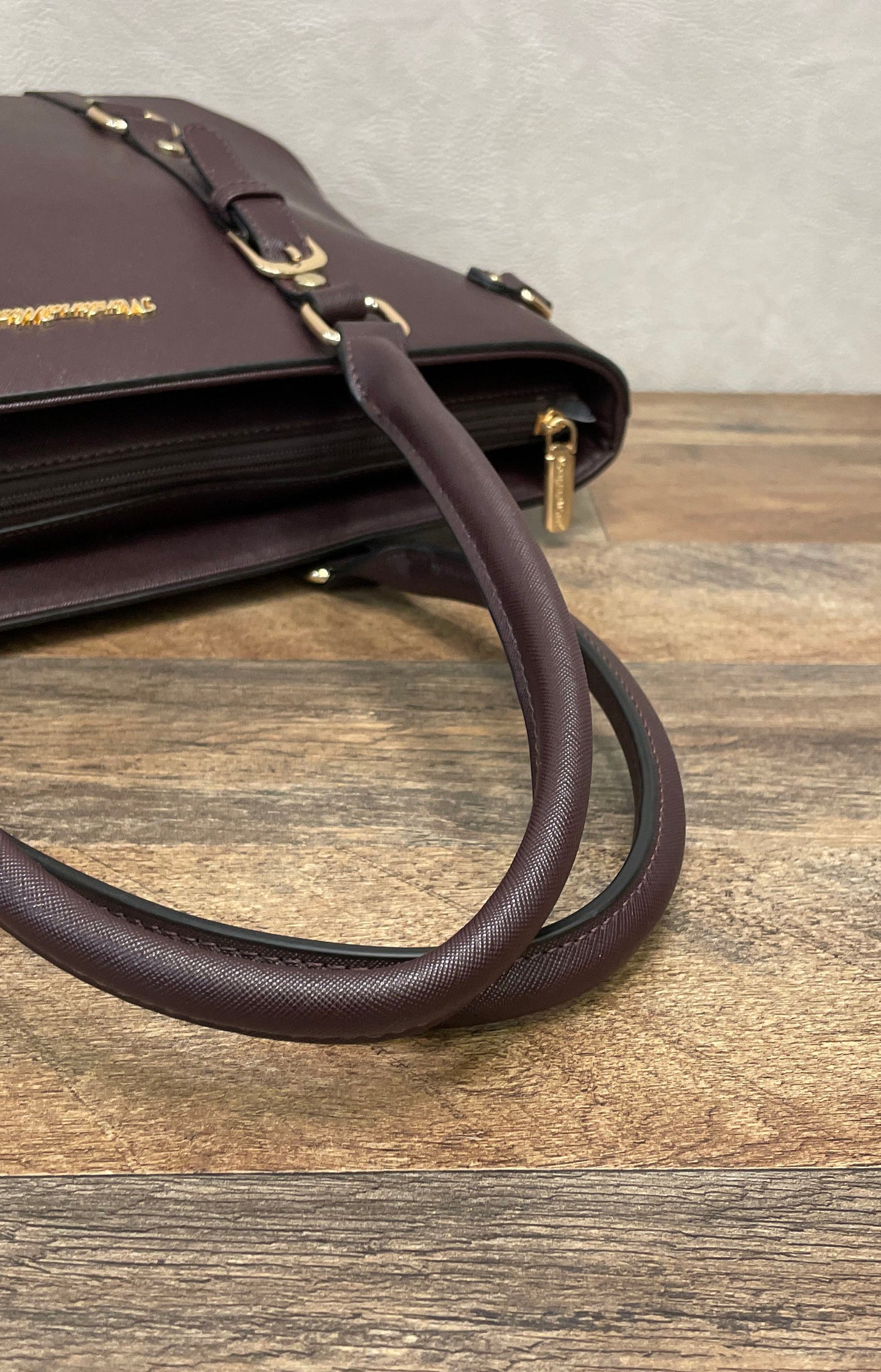 Montana West Burgundy Saffiano Faux Leather Buckle Tote Bag Gold Hardware