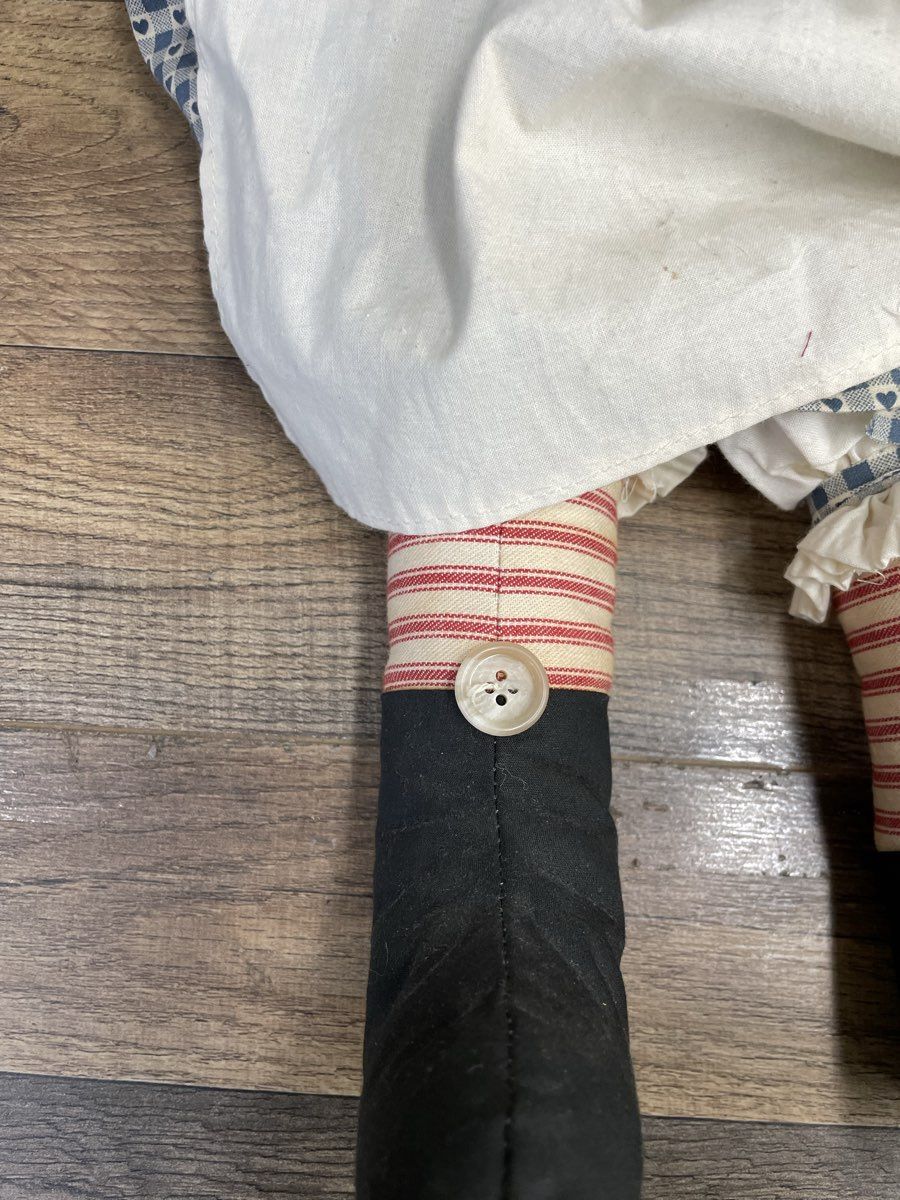 Vintage Handmade Raggedy Ann Style Blue Red Folk Art Primitive Cloth Doll 30"