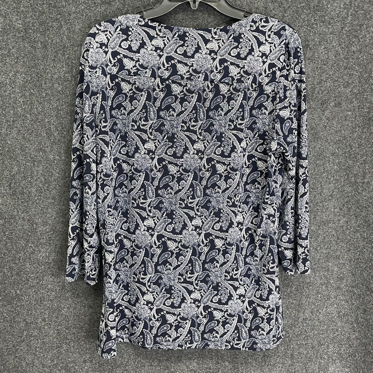 Magnolia Grace Women's Navy Blue White Paisley 3/4 Sleeve Tunic Shirt Sz L