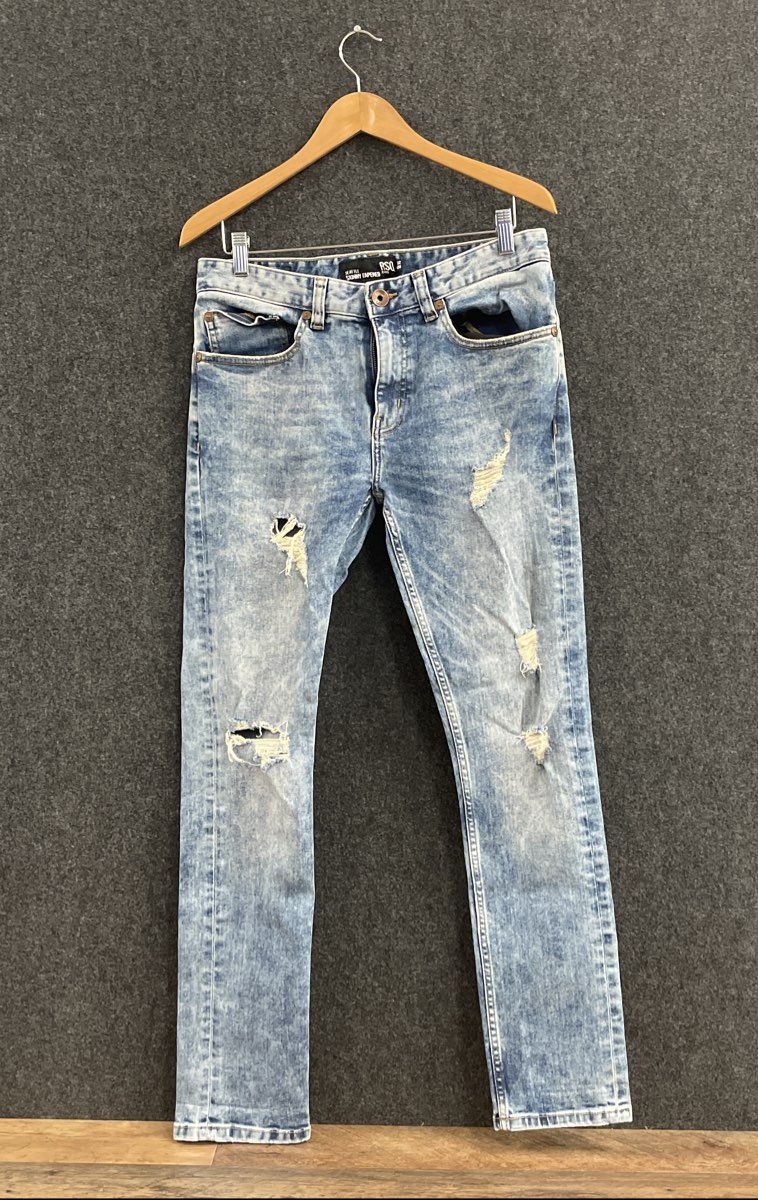 RSQ Men's Seattle Skinny Tapered Jeans Light Blue Acid Wash Distressed 32x30