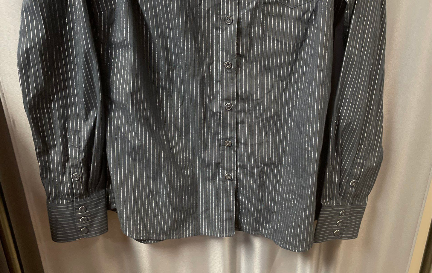 Ariat Women's Kirby Stretch LS Shirt Navy Blue Silver Pinstripe Sz L