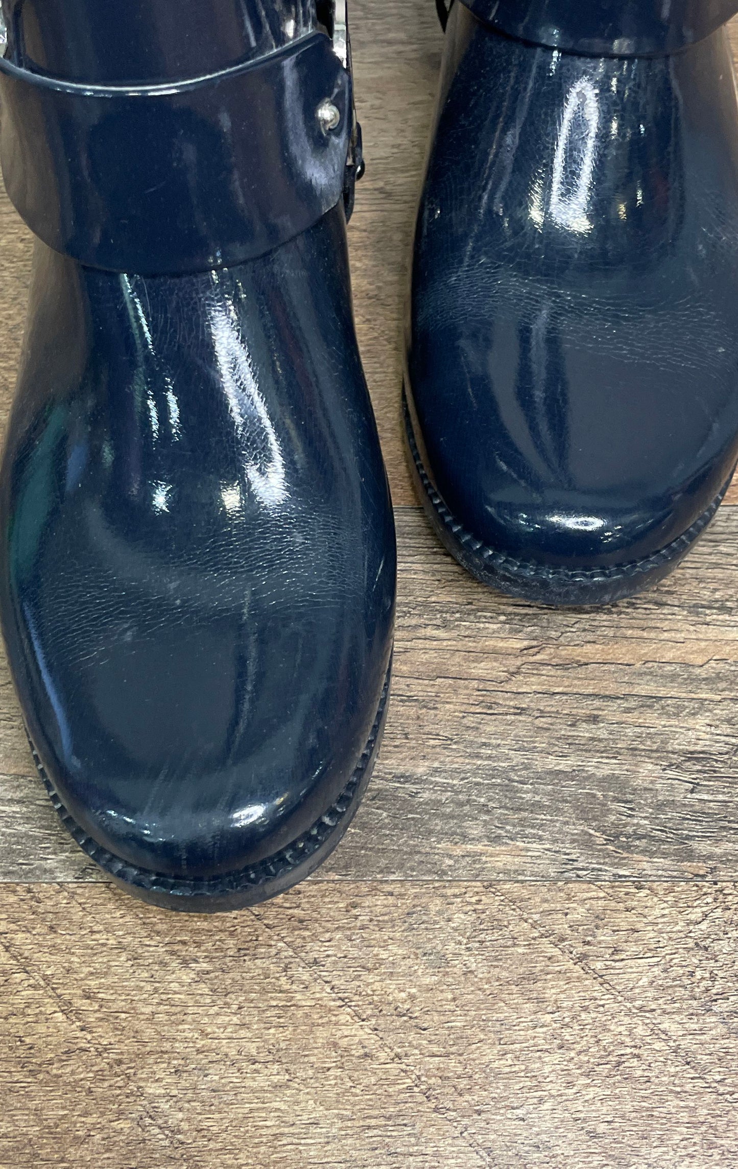 Michael Kors Navy Blue Glossy Rubber Harness Tall Rain Boots Women's Size 8