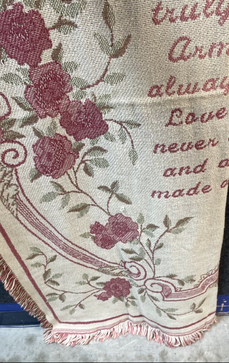 Vintage Grandma Tapestry Throw Blanket Woven Fringe Floral Rose Verse Pink