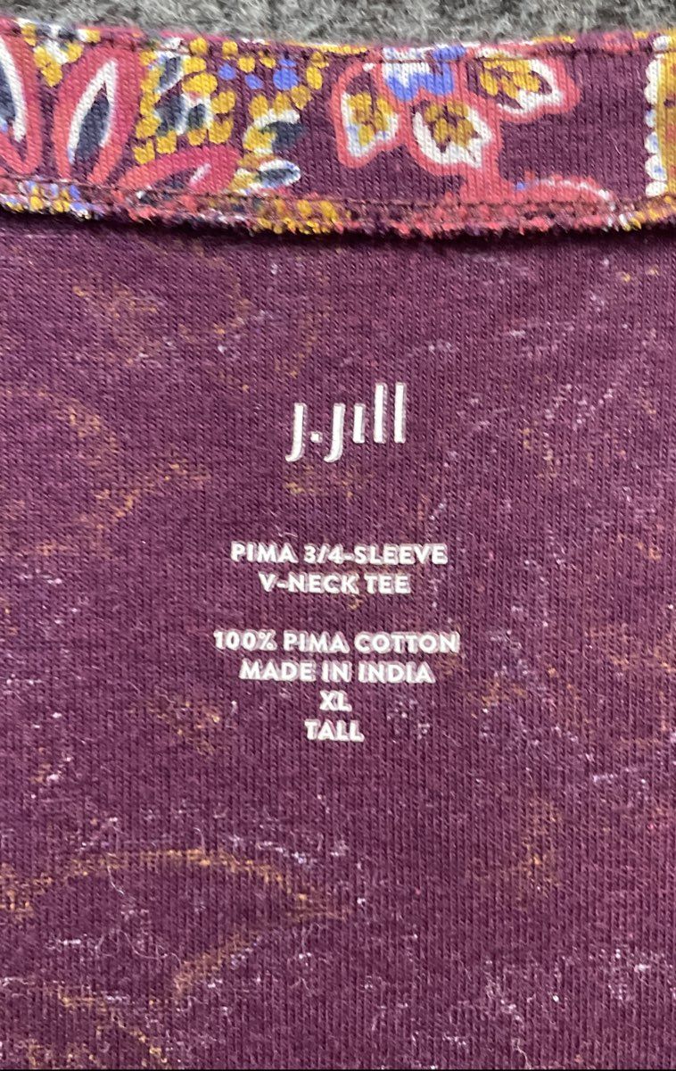 J.Jill Women's Pima Cotton V-Neck 3/4 Sleeve Paisley Print Tee Purple XL Tall
