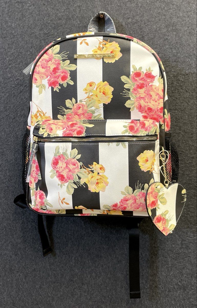 Betsey Johnson Black White Striped Rose Floral Faux Leather Backpack NWT