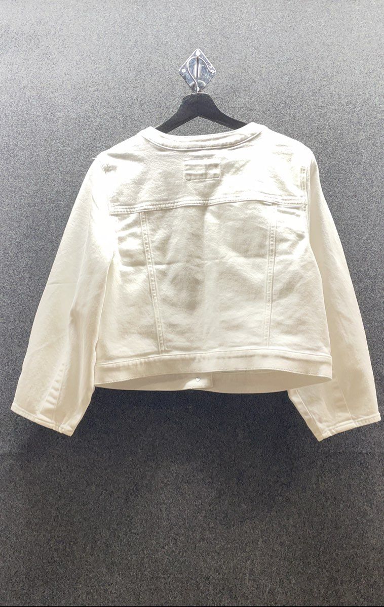 LOFT Women's White Denim Jacket Collarless Button Front Cropped NWT Sz M