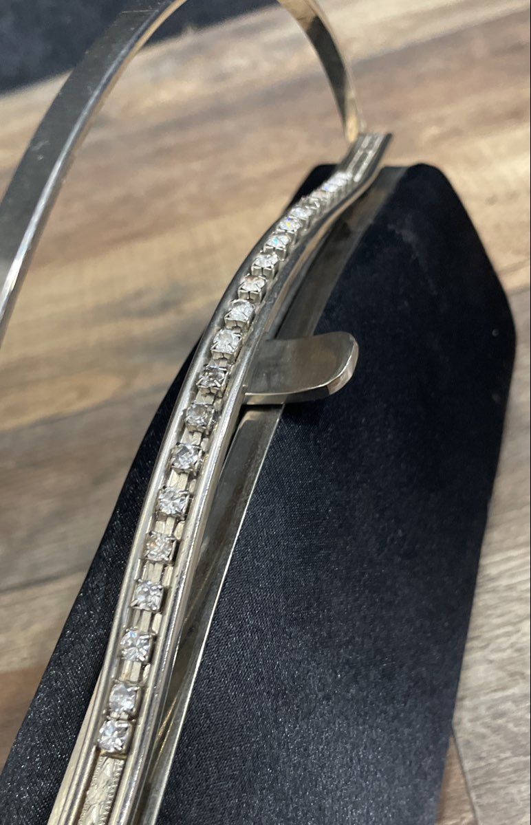 Unbranded Black Satin Evening Clutch Bag Rhinestone Trim Silver Tone Hardware