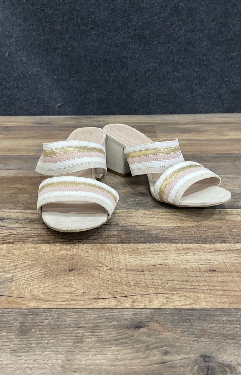 Comfort Est. 1946 Pink Gold White Striped Block Heel Slide Sandals Size 9