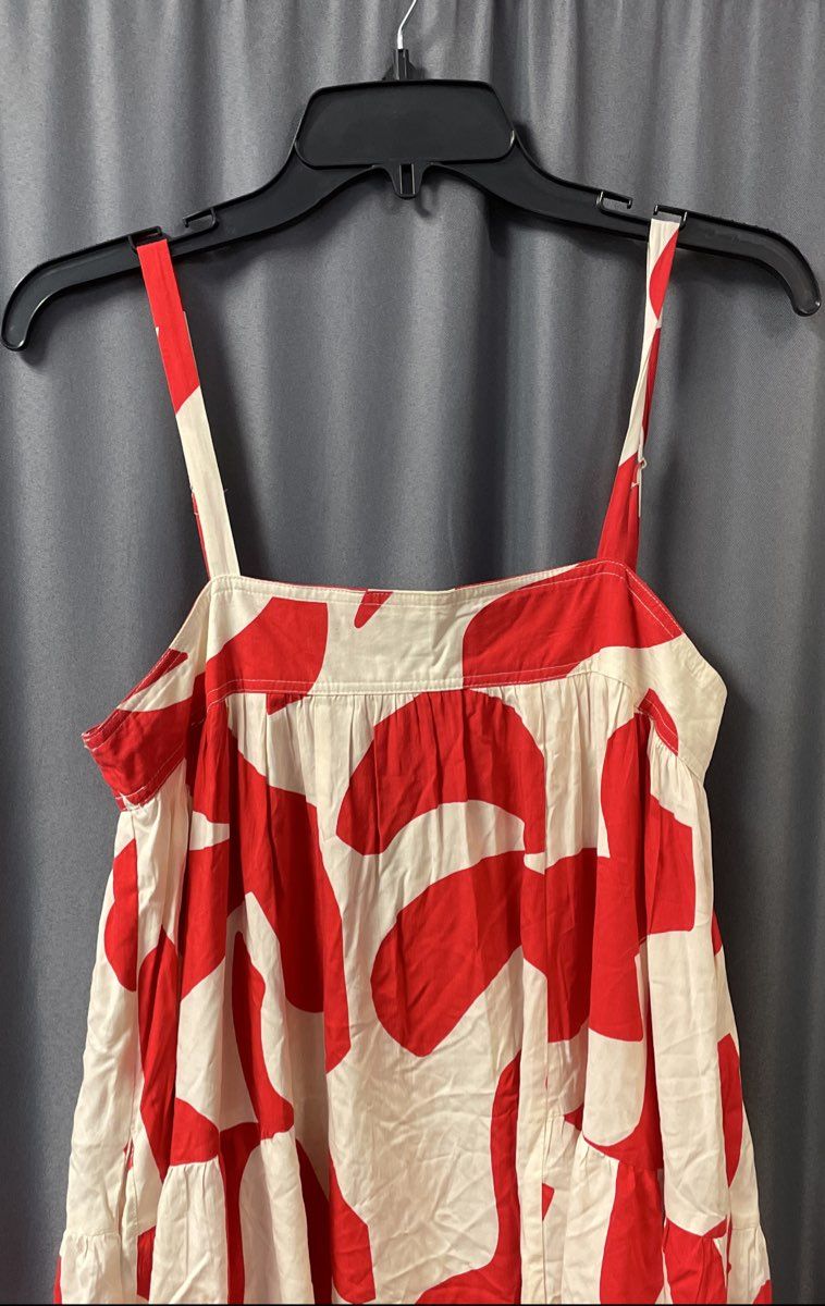 Abel the Label Women's Cream Red Abstract Print Tiered Rayon Maxi Dress Sz S