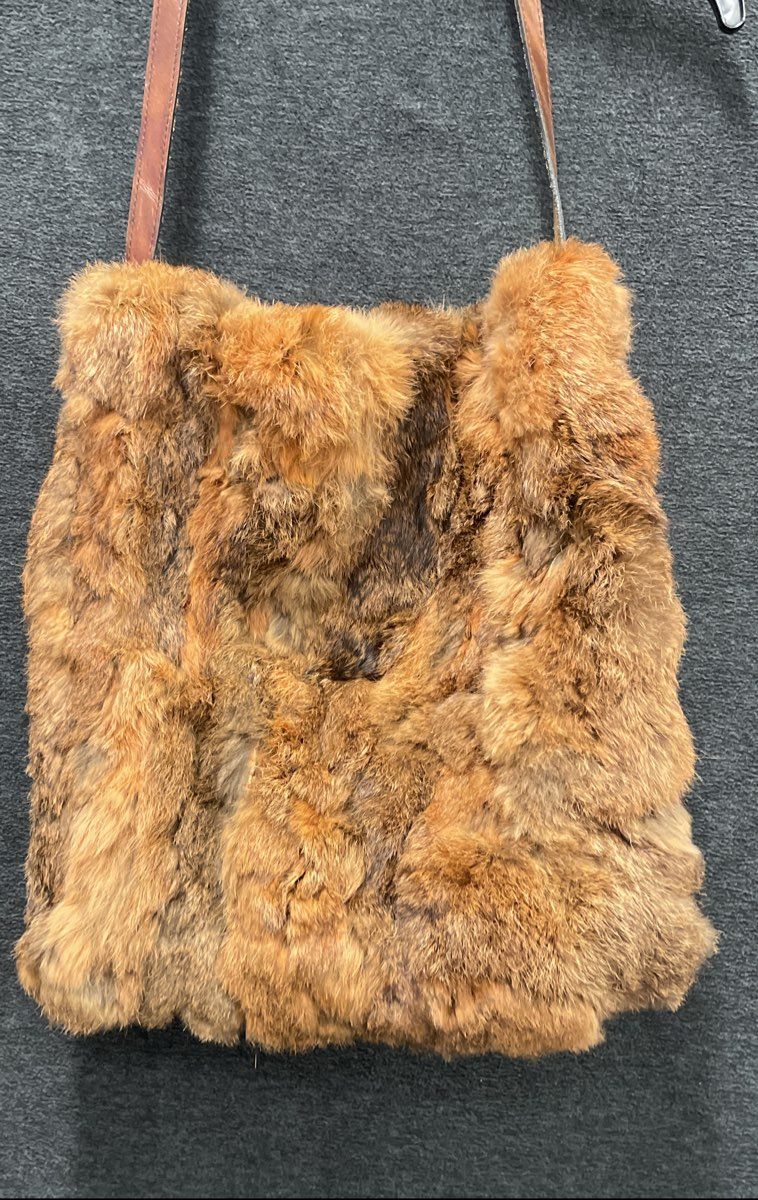 Vintage 1970s Brown Real Fur Shoulder Bag Handbag Leather Strap